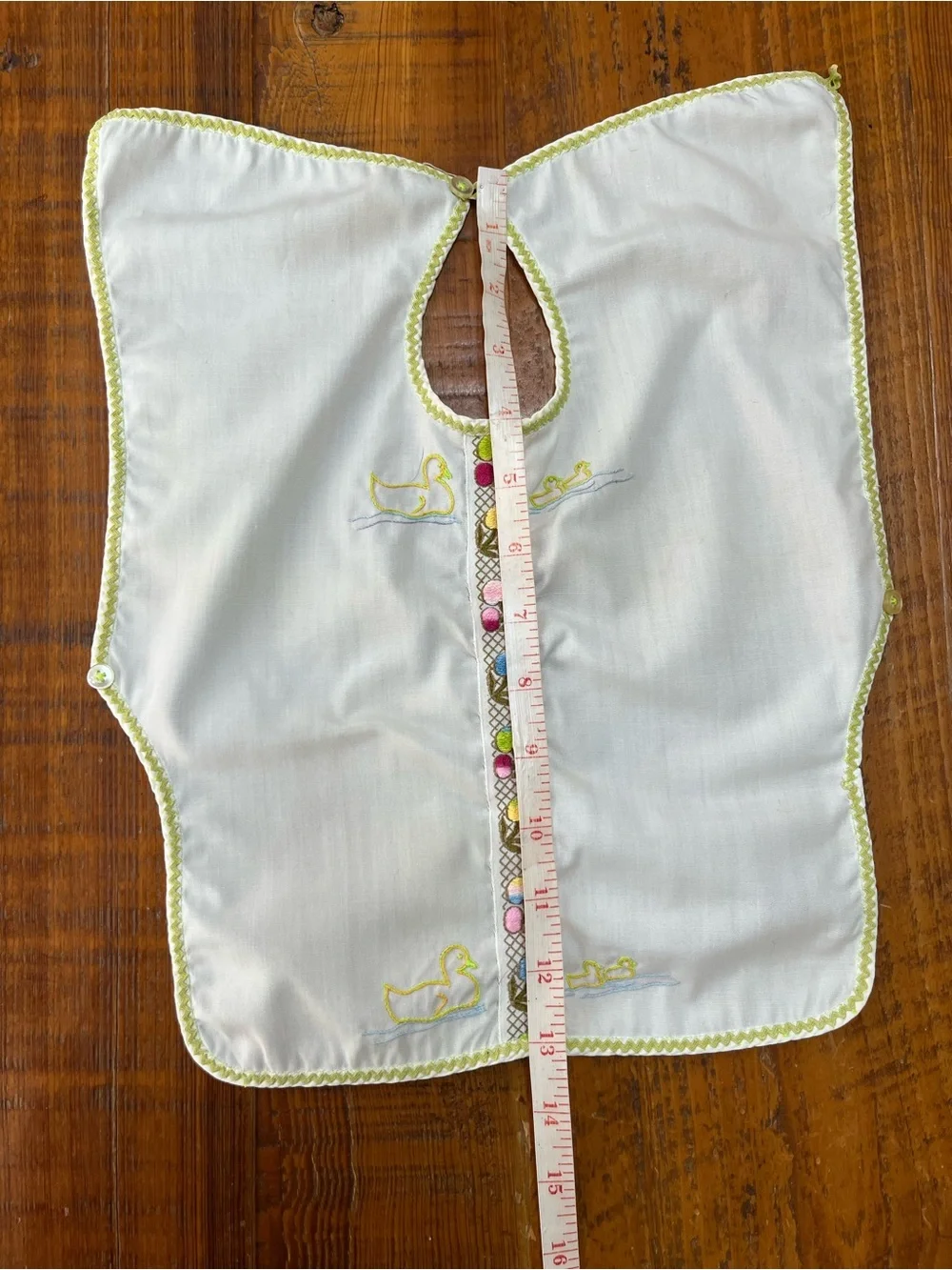 Vintage Baby Bib Smock with Embroidery, Green Trim & Buttons